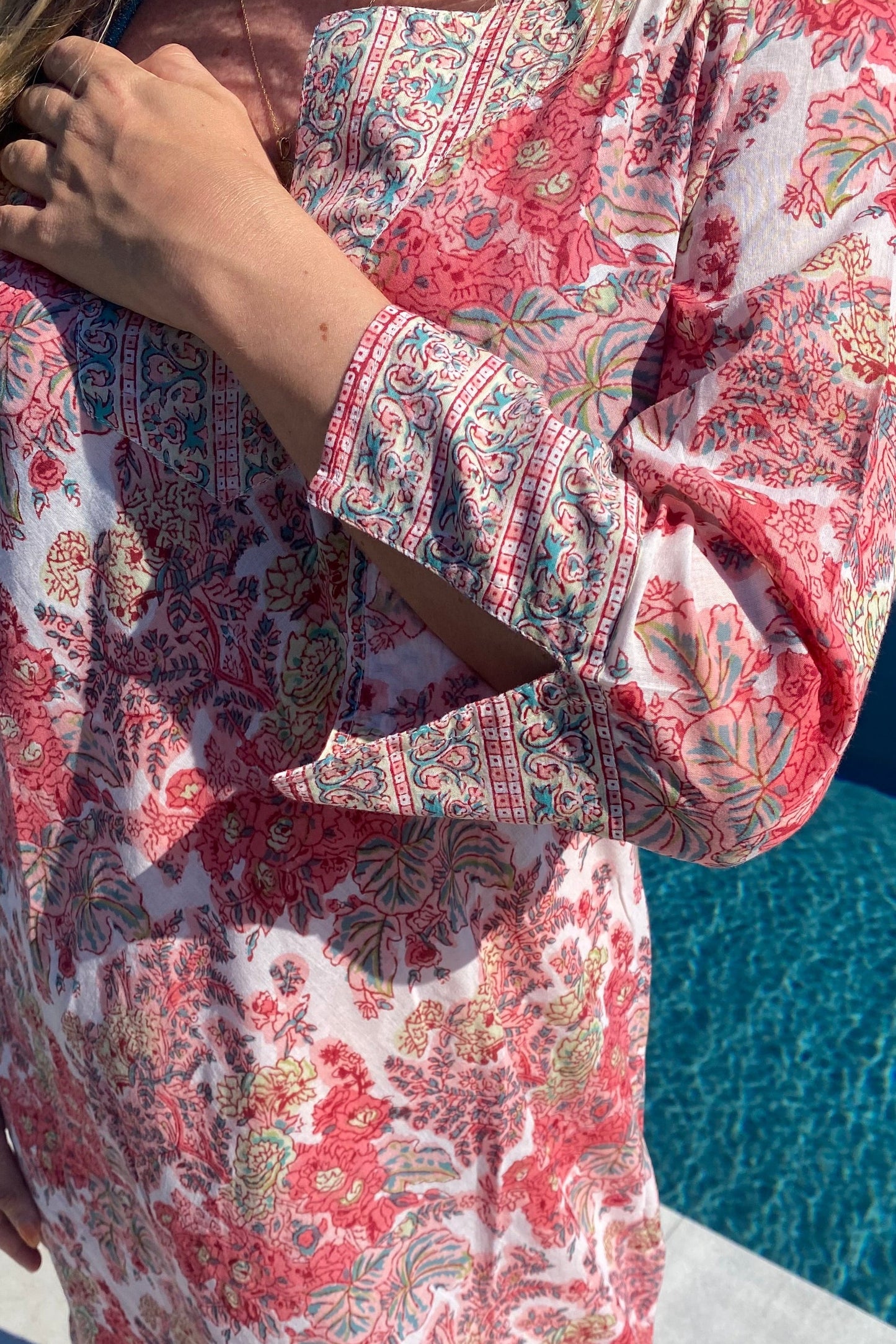CORAL FLORAL BLOCK PRINT KAFTAN