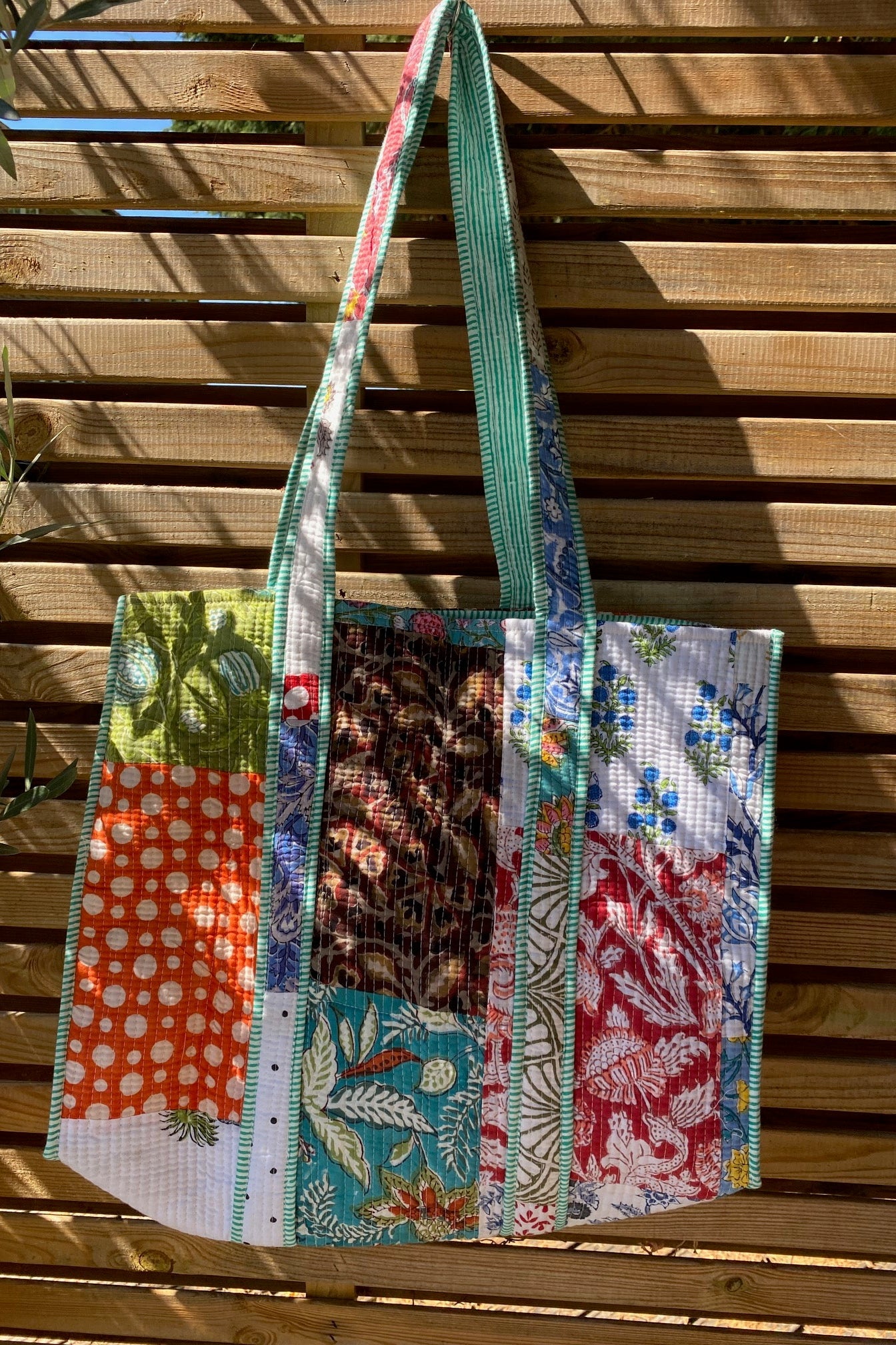 patchwork block print tote