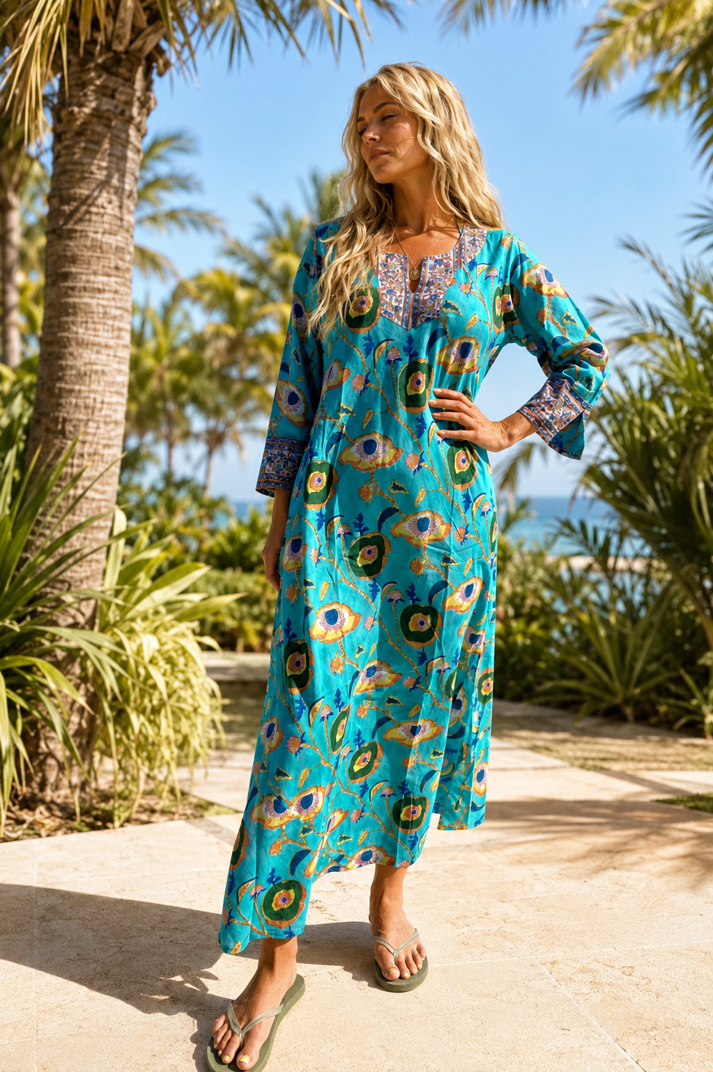 jade floral block print kaftan