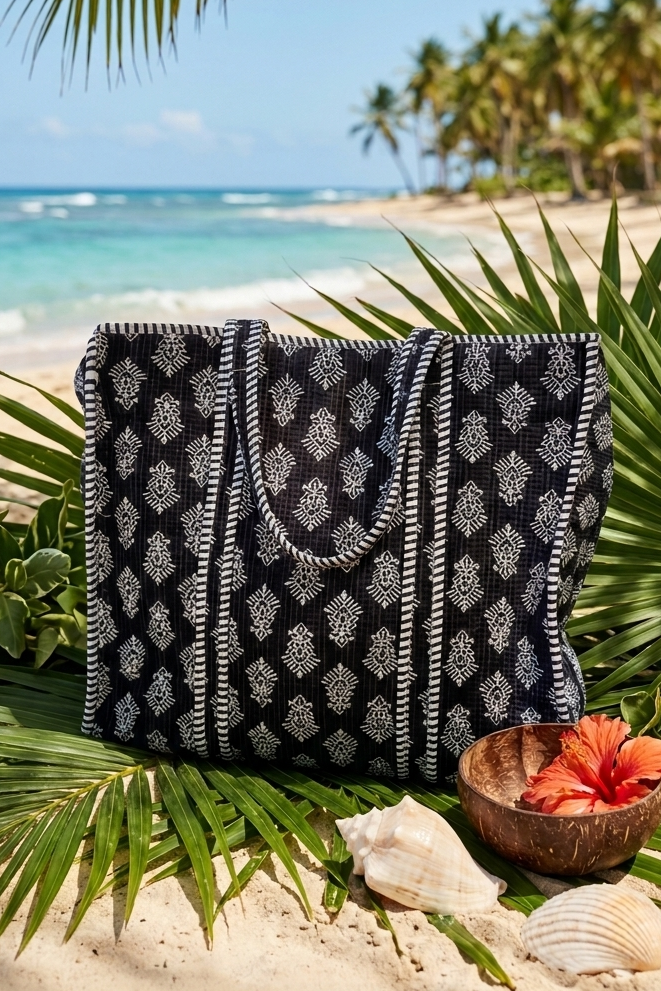 black block print tote