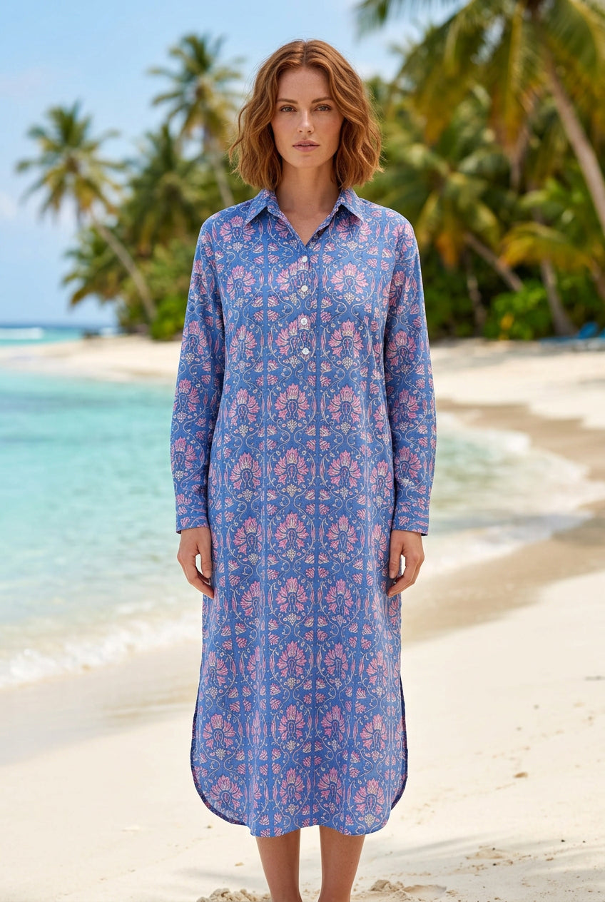 bahamas blue block print shirt dress
