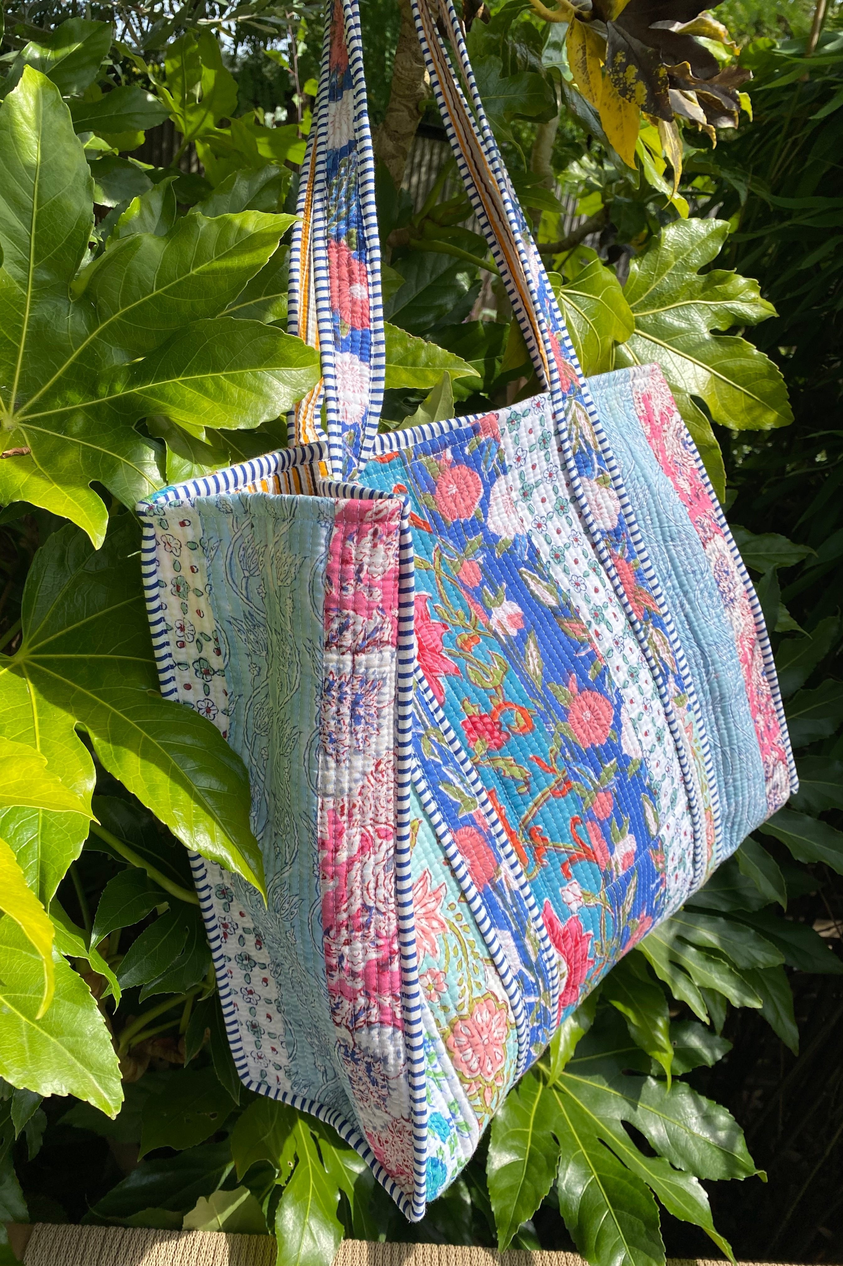 patchwork block print tote