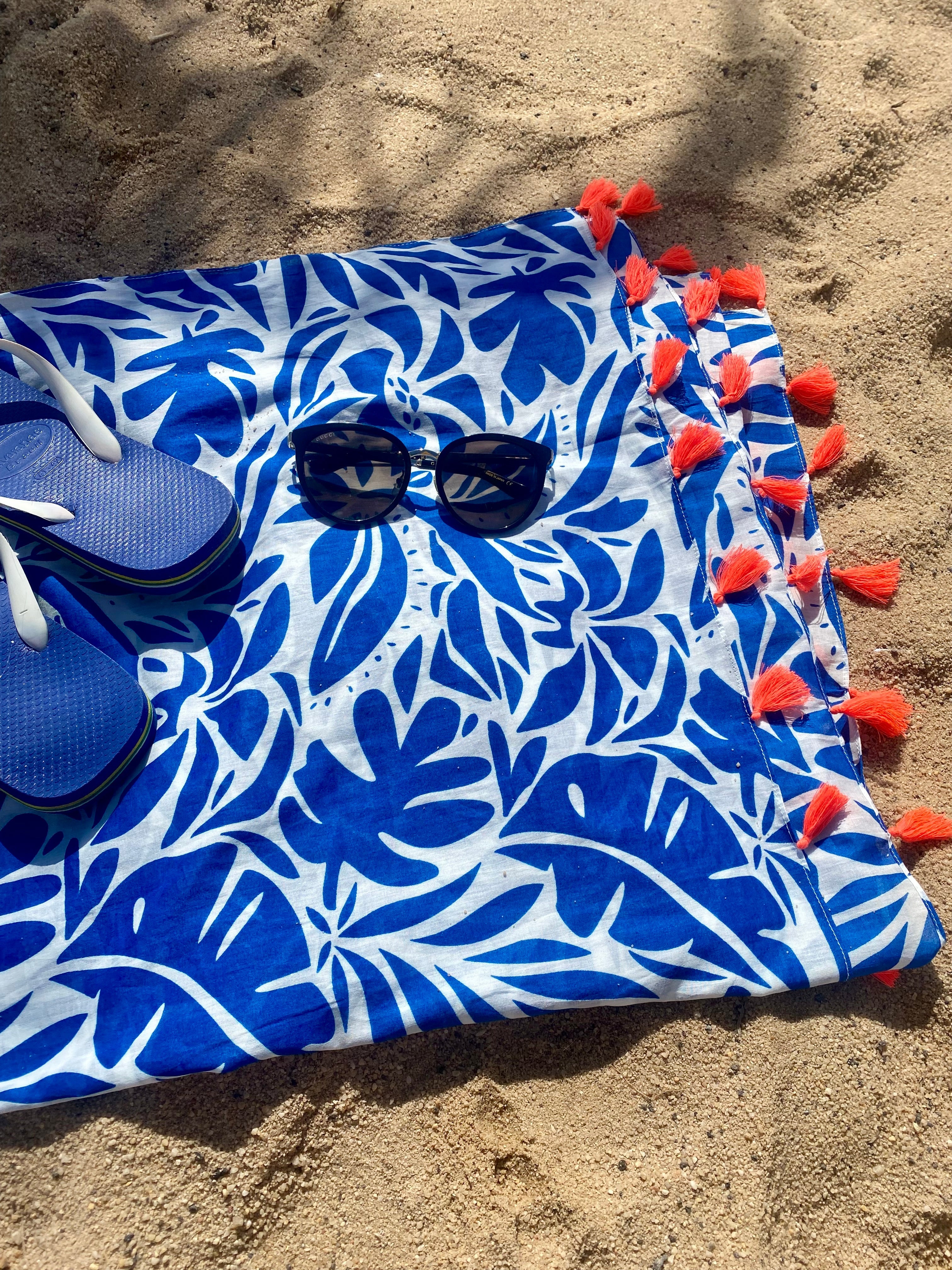 close up blue tropical cotton sarong