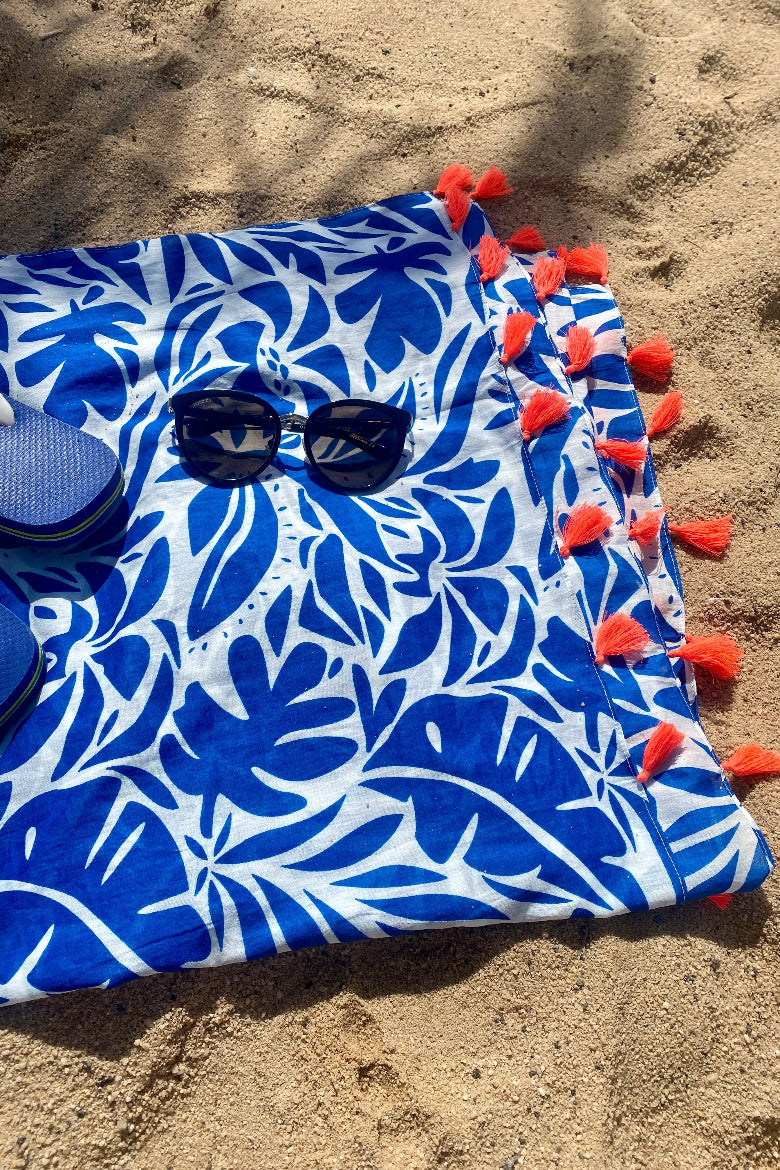 close up blue tropical cotton sarong