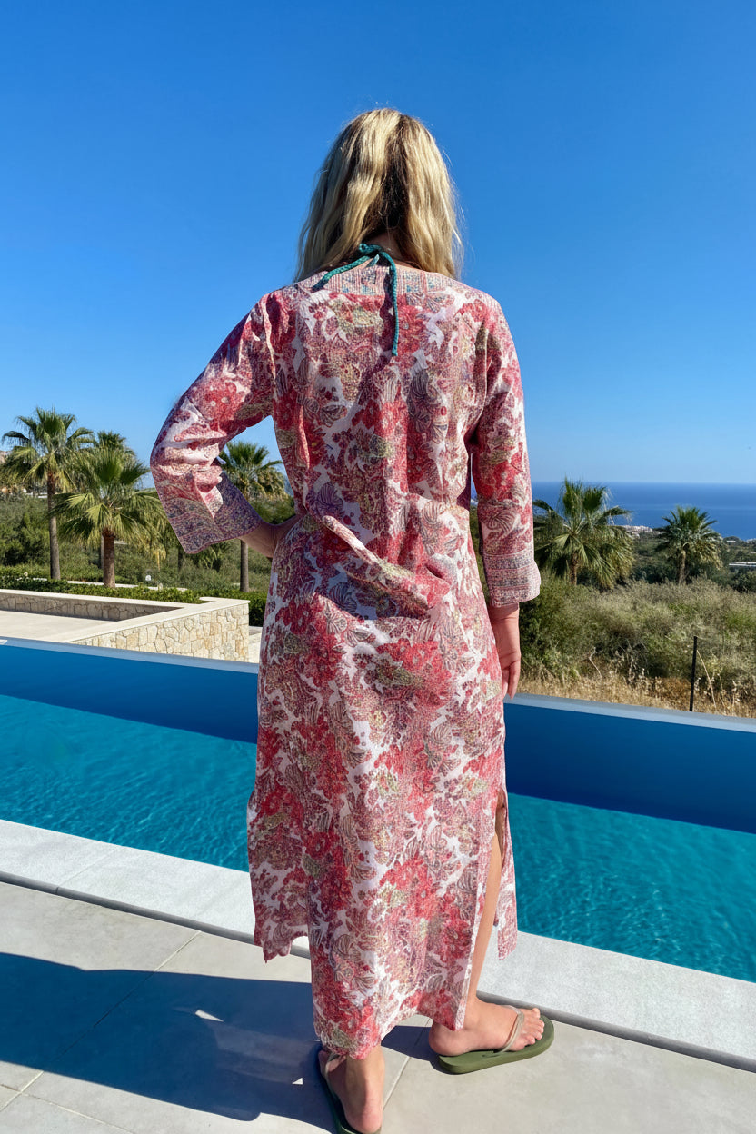 CORAL FLORAL BLOCK COTTON KAFTAN