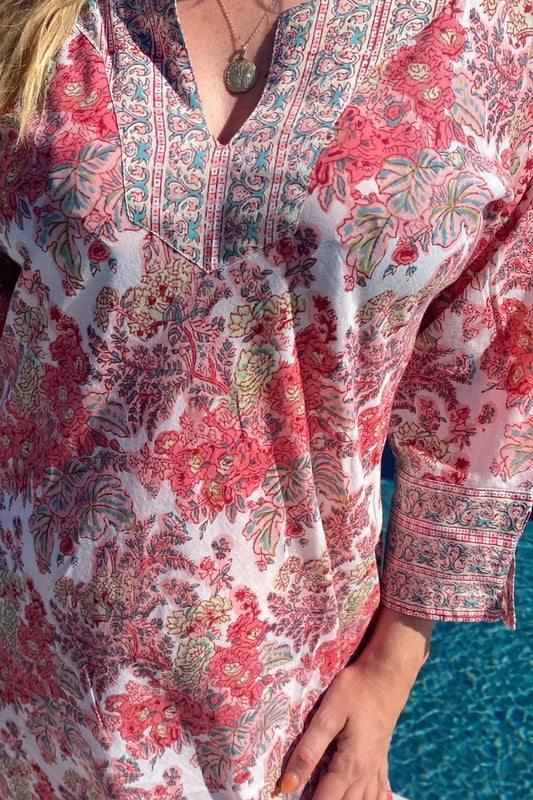 CORAL FLORAL BLOCK COTTON KAFTAN
