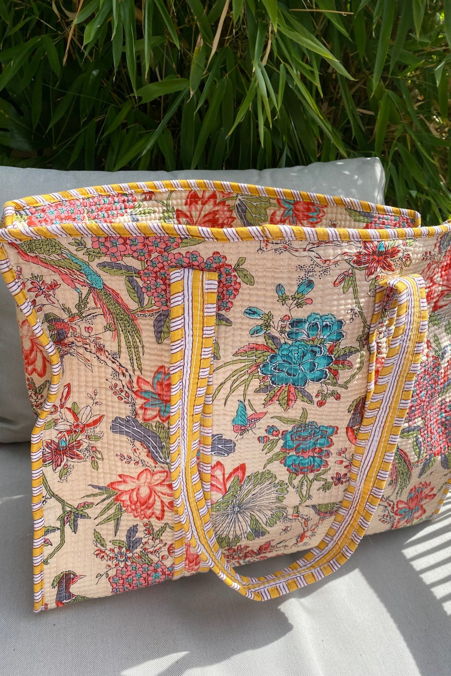 YELLOW floral block print tote