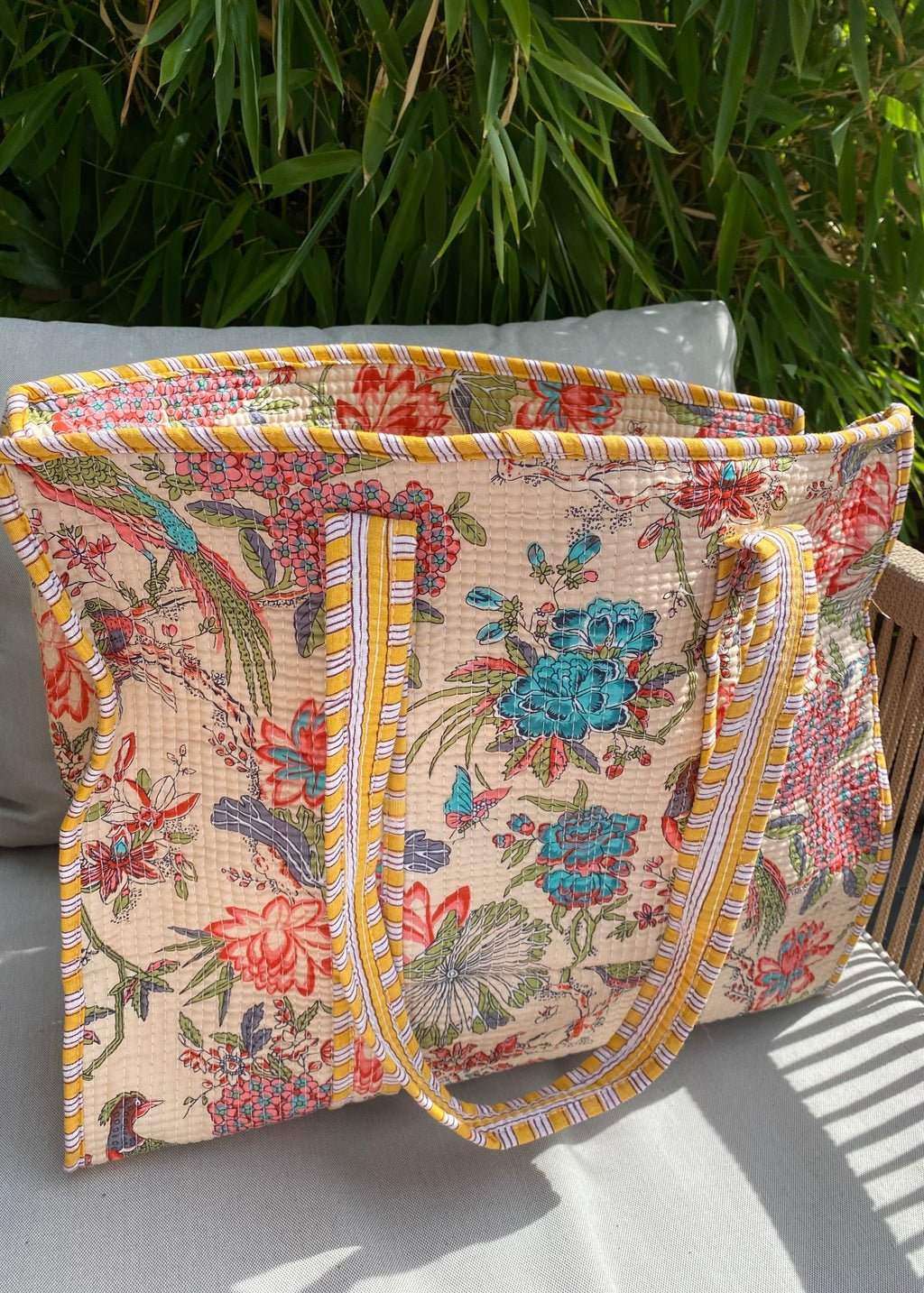 floral block print tote
