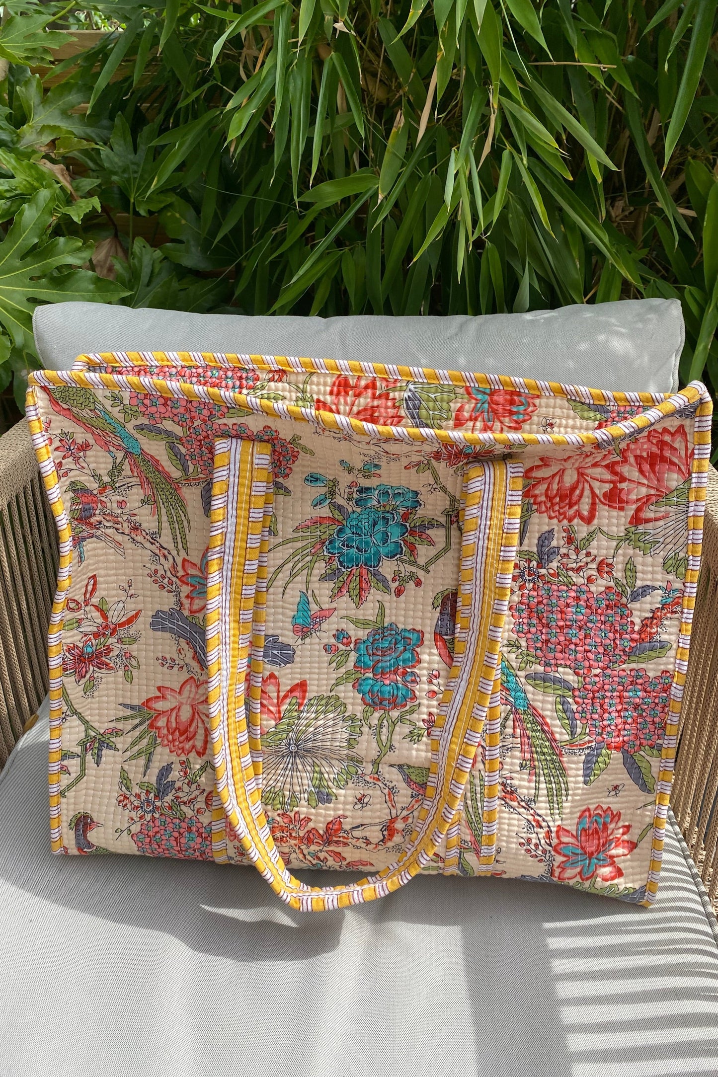 YELLOW FLORAL BLOCK PRINT TOTE