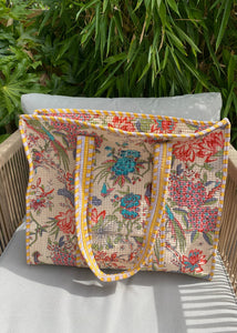 YELLOW FLORAL BLOCK PRINT TOTE