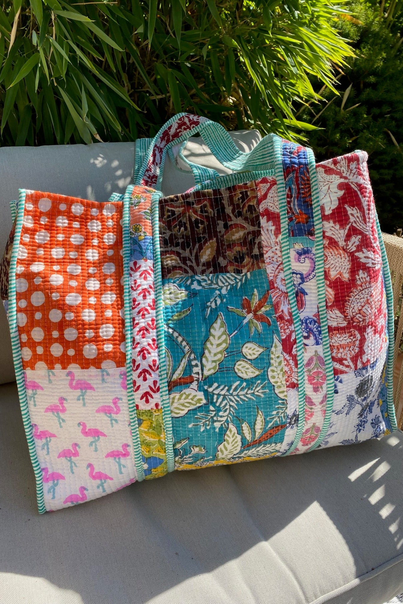 patchwork block print tote