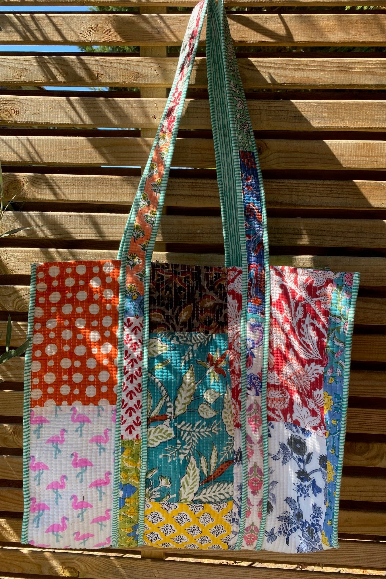 patchwork block print tote
