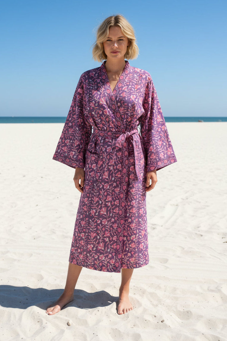 agnes purple floral block print robe