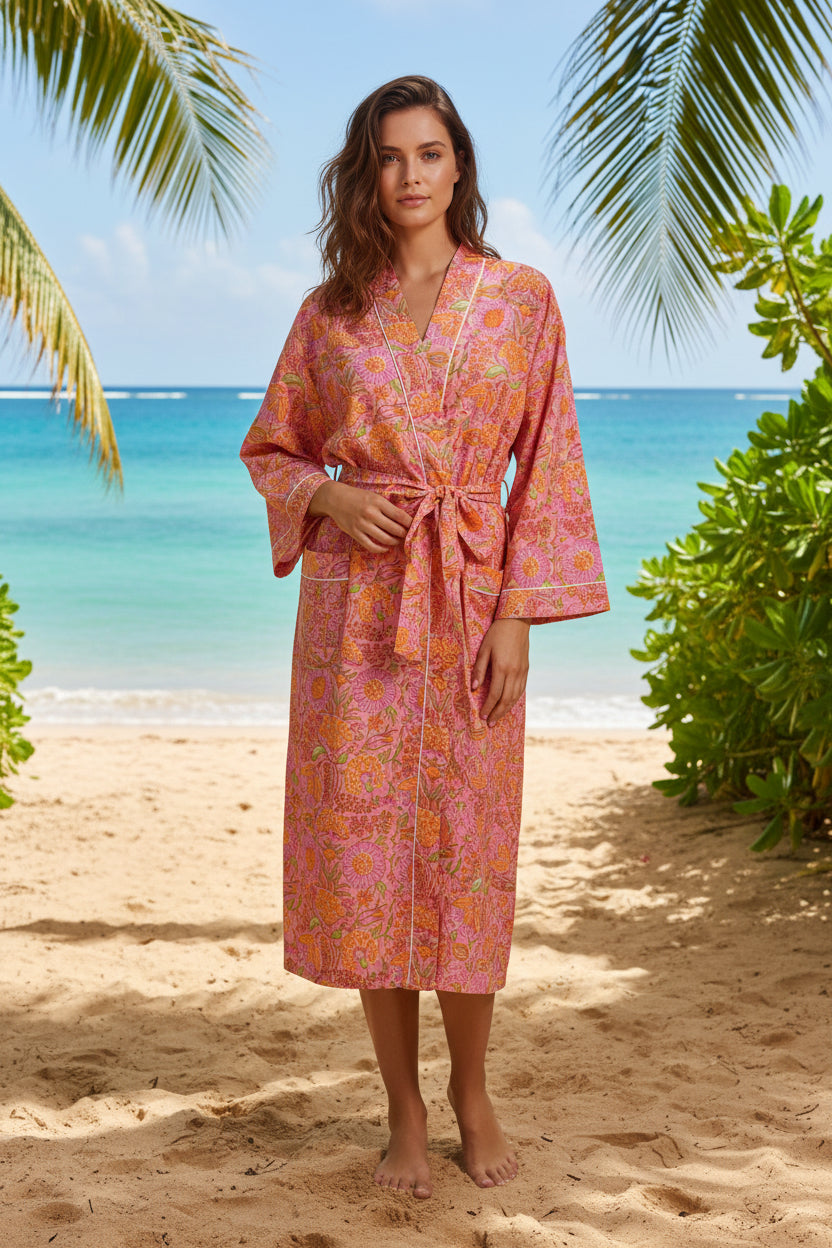 colette orange floral block print robe