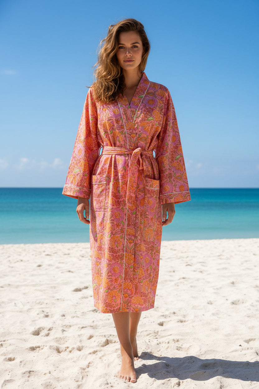 colette orange floral block print robe