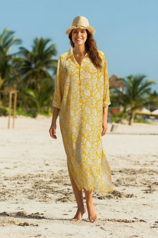 yellow block print shirtdress