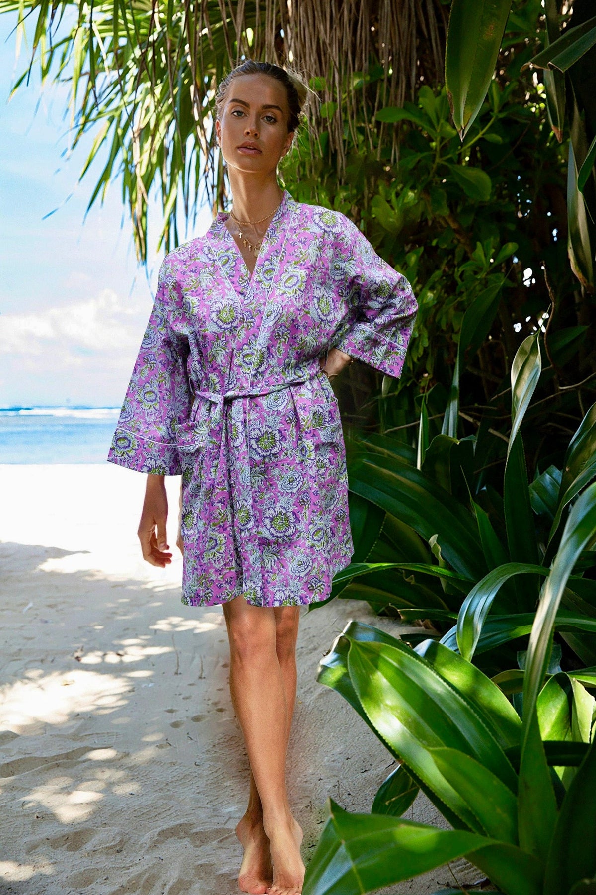 LILAC FLORAL SHORT COTTON KIMONO