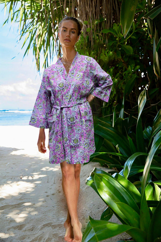 LILAC FLORAL SHORT COTTON KIMONO