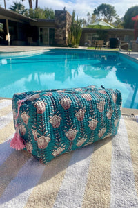 TEAL BLOCK PRINT WASH BAG