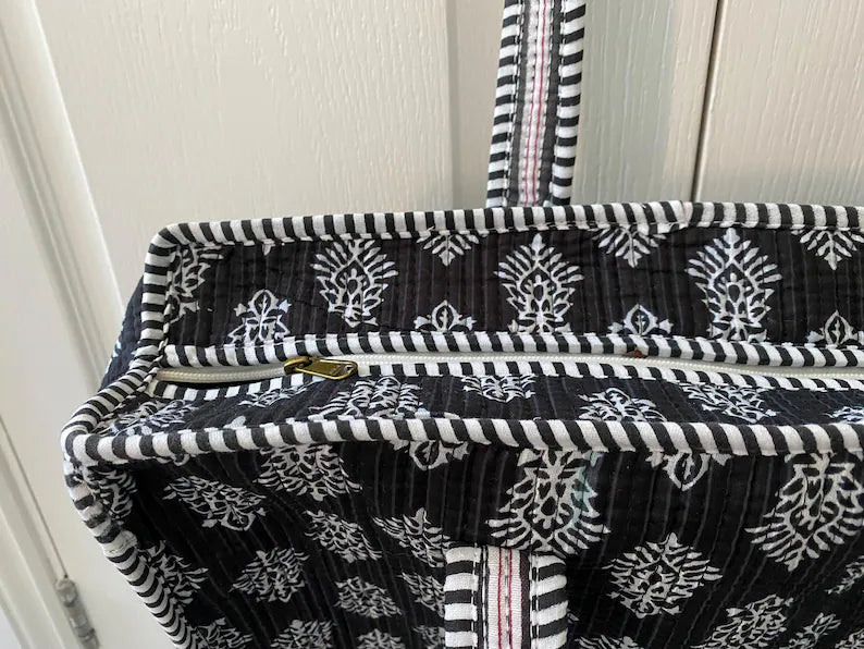 Black block print tote