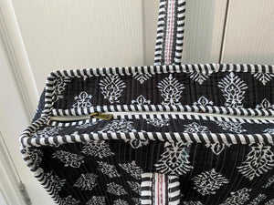Black block print tote