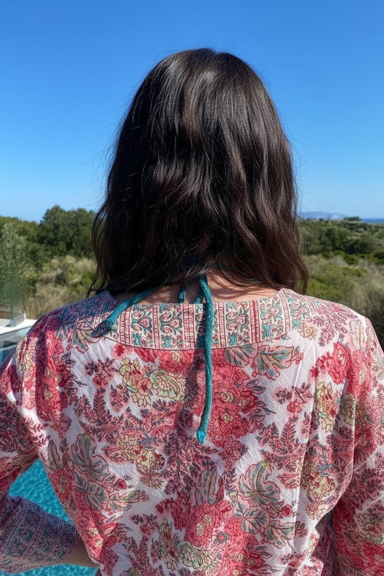 CORAL FLORAL BLOCK PRINT KAFTAN