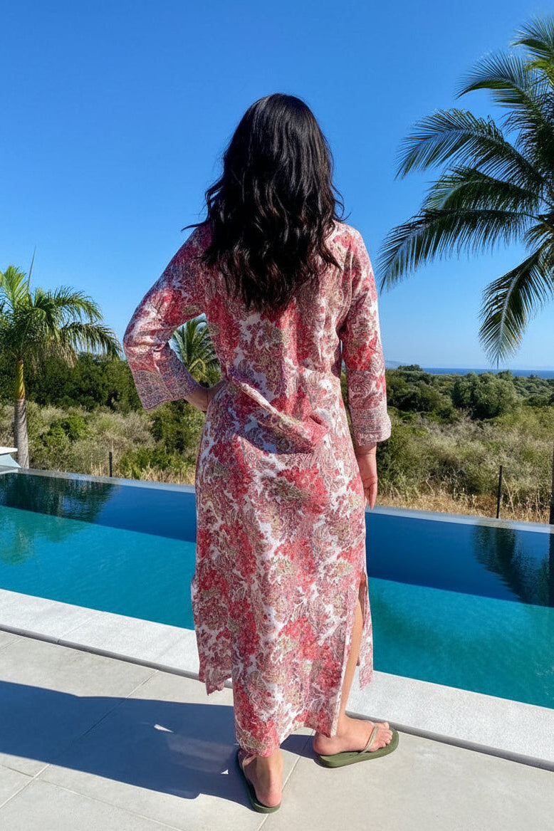 CORAL FLORAL BLOCK PRINT KAFTAN