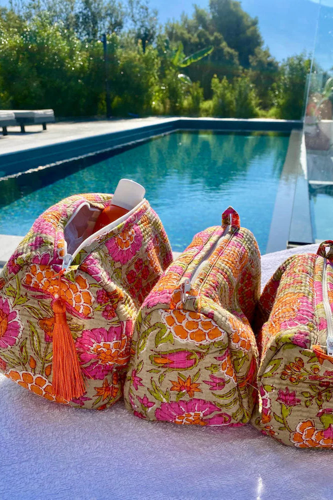 ORANGE BLOCK PRINT WASH BAG SET