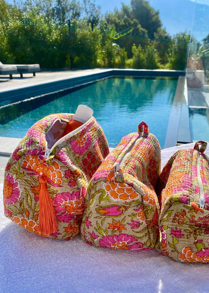 ORANGE BLOCK PRINT WASH BAG SET