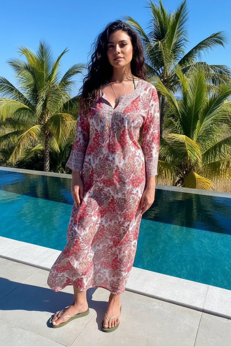 coral floral blok print kaftan