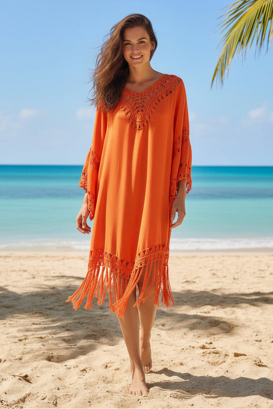 orange  crochet cover-up with fringing