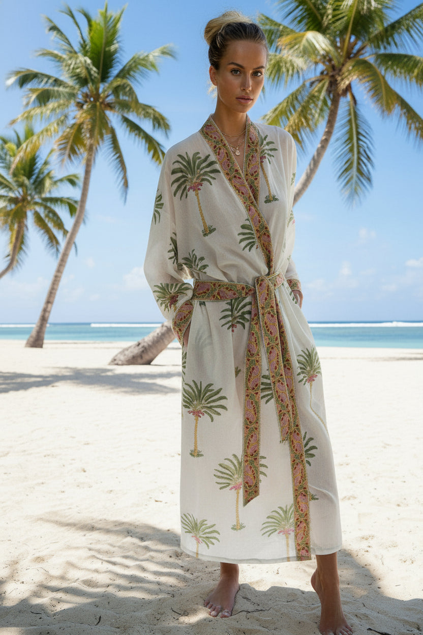 palm block print kimono